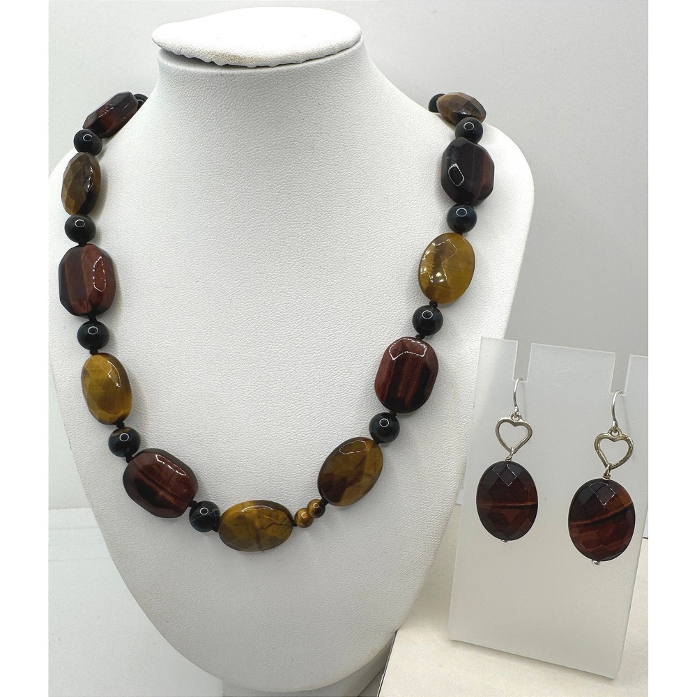 Lucas Lameth Sterling Silver Tigers Eye Mahogany Obsidian Necklace Earring Set